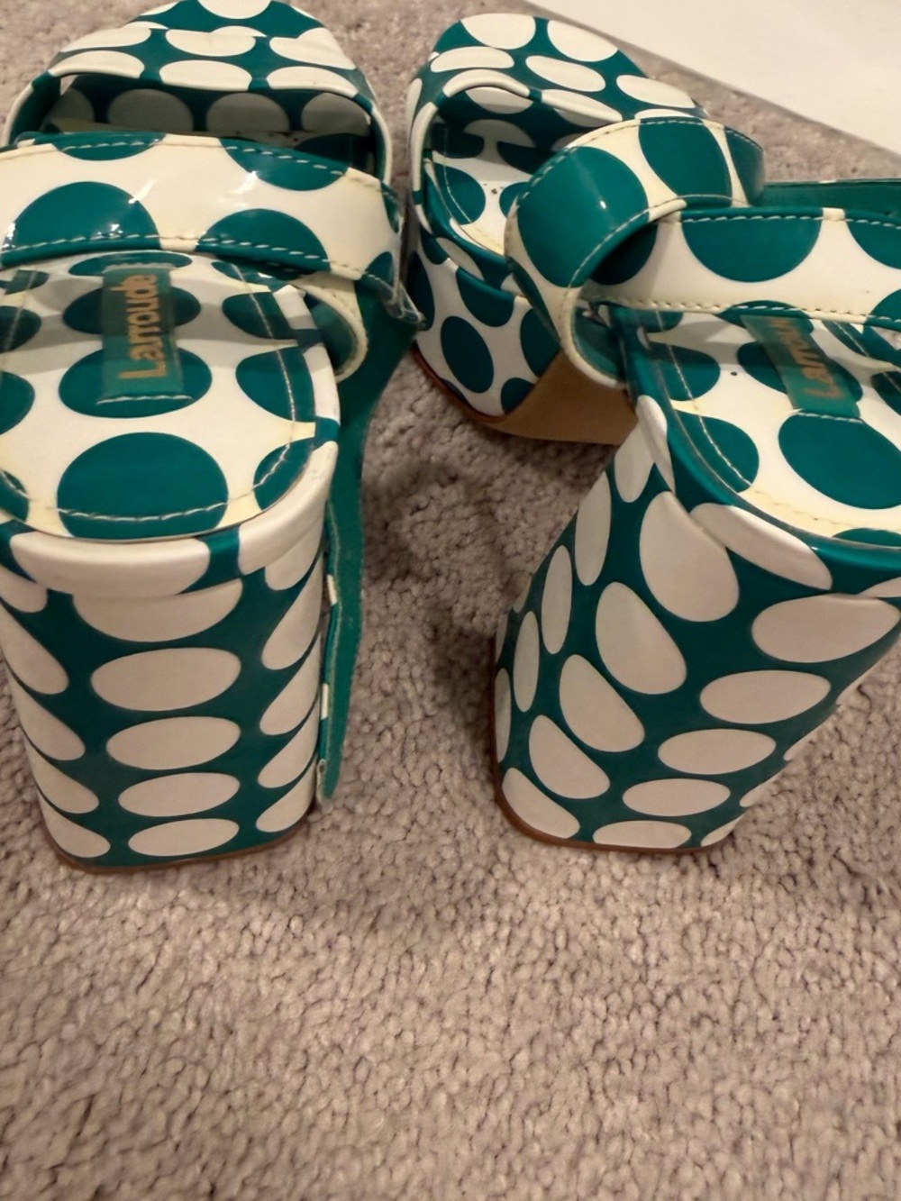 Larroude Teal and White Polka Dot Platform Sandals - Picture 3 of 4